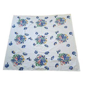 Vintage Pedigree Tablecloth Thomaston Mills Blue Floral Poppy Mid Century 53x48